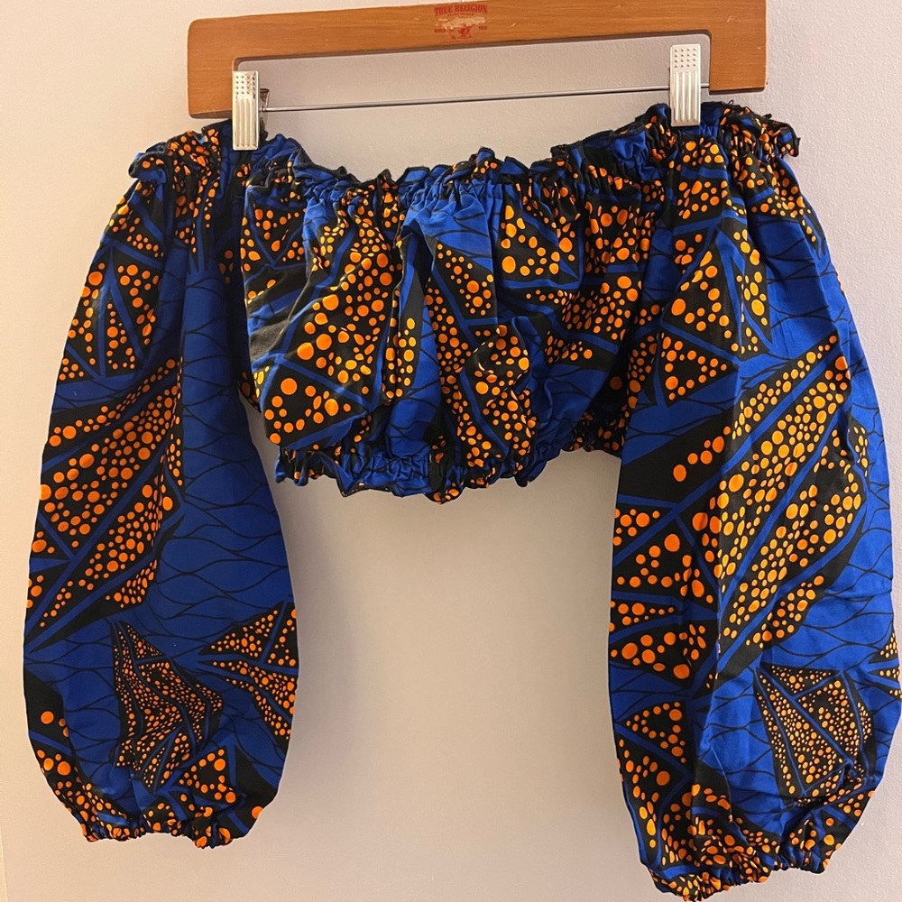 Vibrant Blue and Orange Patterned Off or On-Shoulder Shrug Top- New, never worn